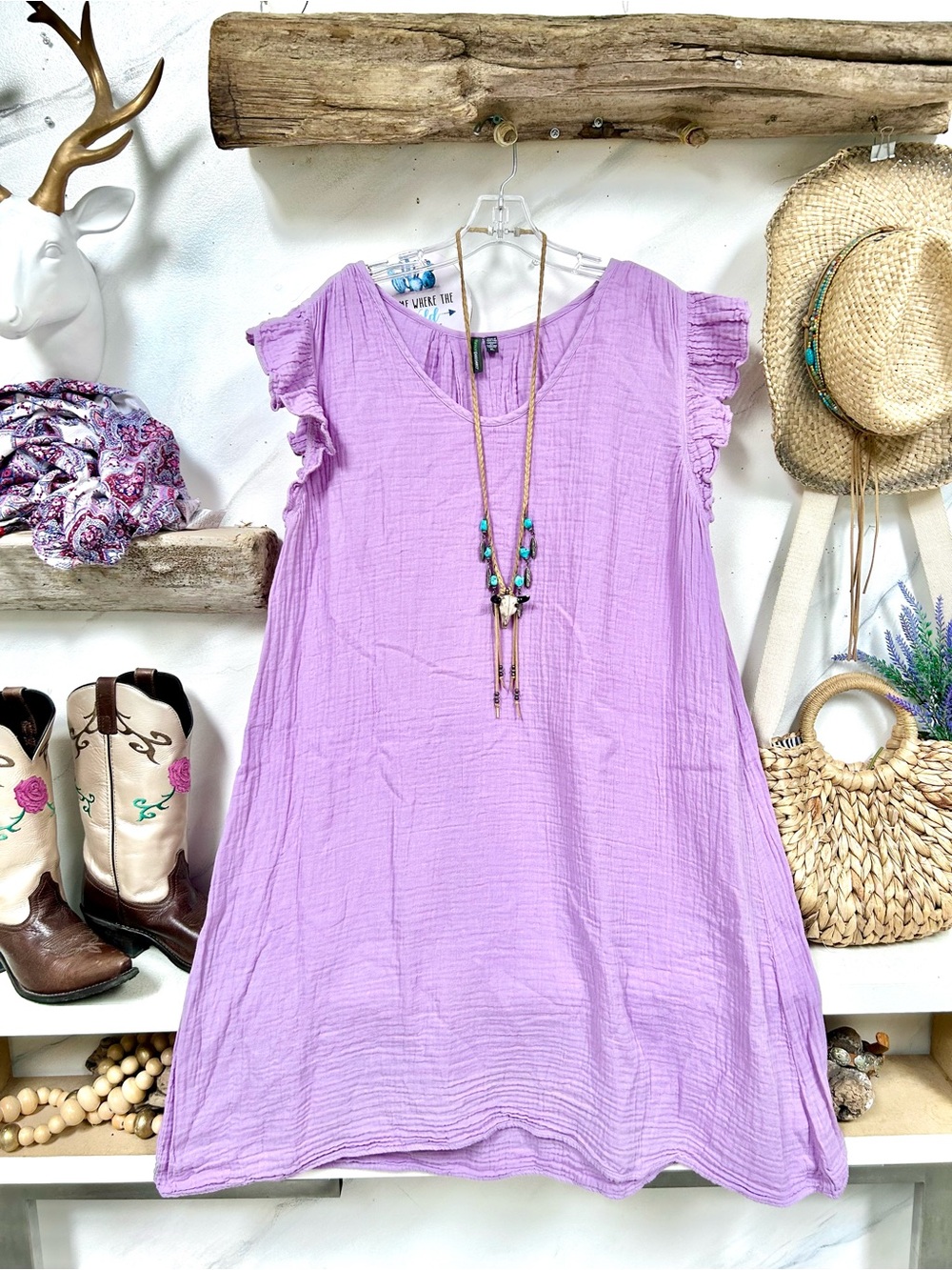 Lavender fields Flutter Sleeve Cotton Gauze boho Dress w resort vacay beach vibe